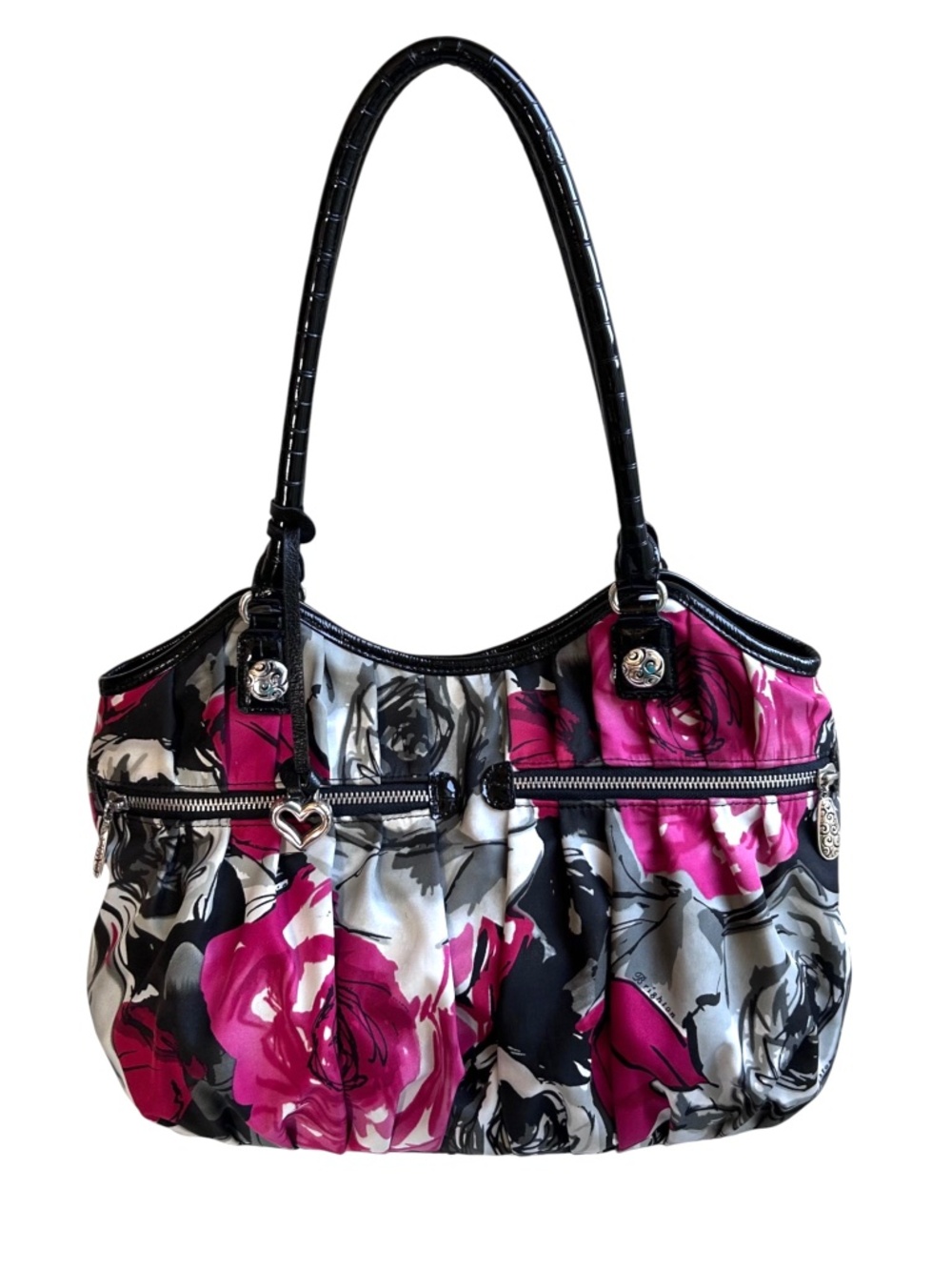 Brighton Madison Rose Floral Shoulder Bag w/ Patent Leather Trim & Heart Charm